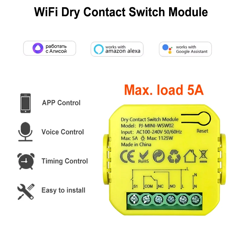 Trockenkontakt-WLAN-Schalter-Relais 5A Smart App Fernbedienung Timer für Tür/Licht AC100-240V Kompatibel mit Tuya Google Alexa – Detail 1