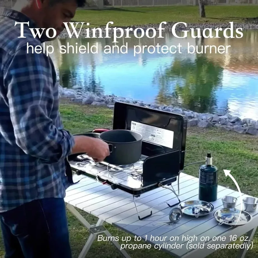 2 الشعلات المحمولة البروبان موقد للتخييم مع منظم متكامل الشاعل الفولاذ المقاوم للصدأ صينية تنقيط مقبض مدمج وقابلة للطي #6