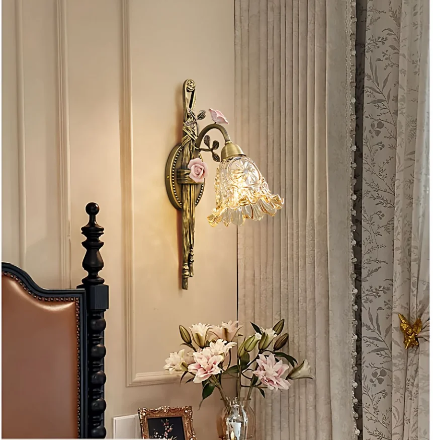 Copper Single Double Style Wall Lamp Ceramic Rose Wall Sconces Living Room Wall Light Lamparas De Pared Applique Home Decoration