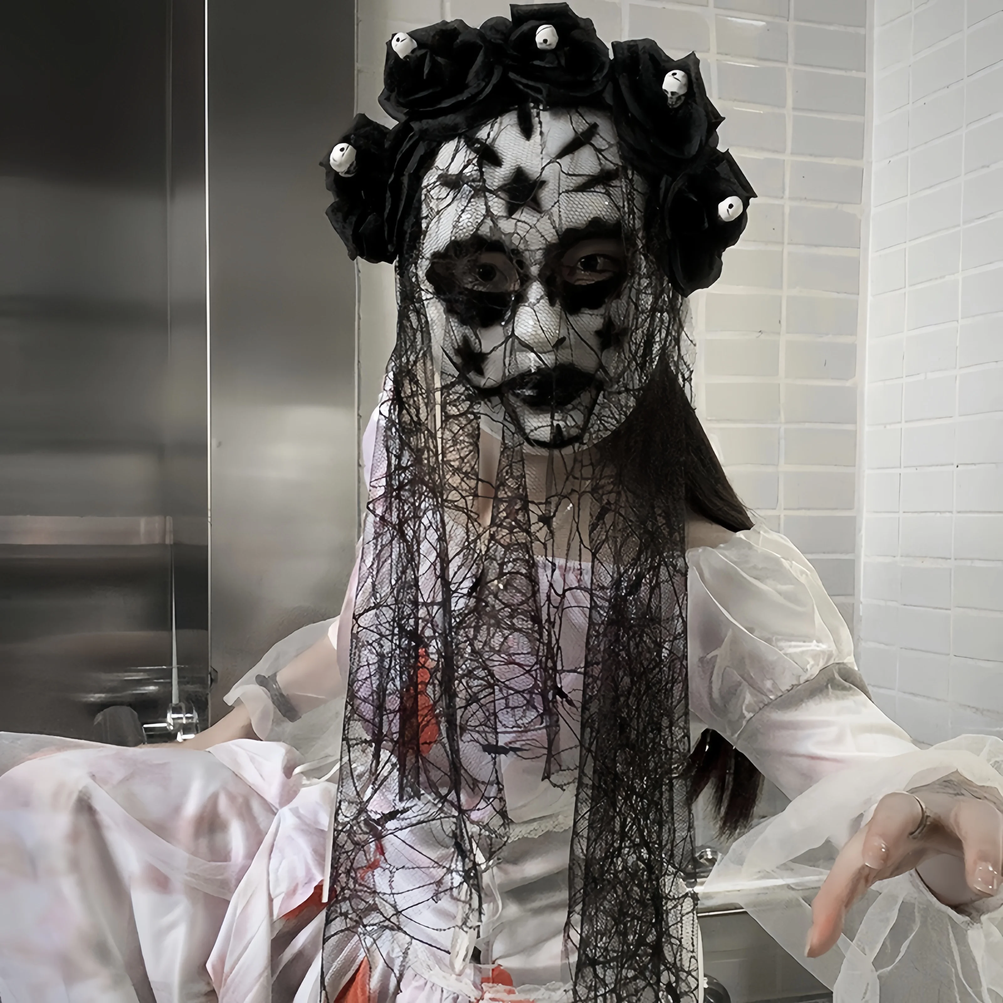 Halloween Cosplay Ghost Bride Veil Mask Lace Rose Horror Gothic Black Veil Mask Undead Carnival Party Masquerade Props - view 2
