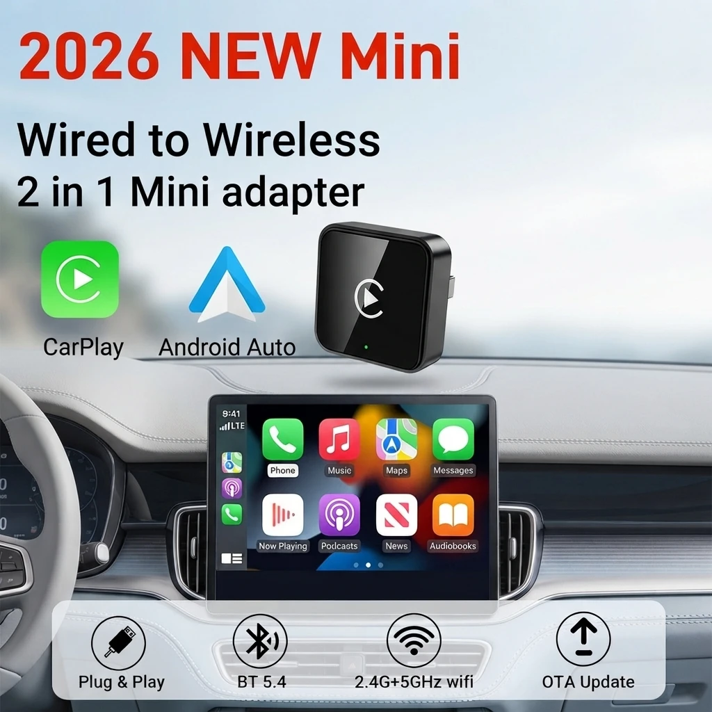 2-in-1 Wireless CarPlay & Android Auto Car Adapter, Mini Smart Dongle, Dual USB-A & Type-C Ports, 5G High-Speed WiFi