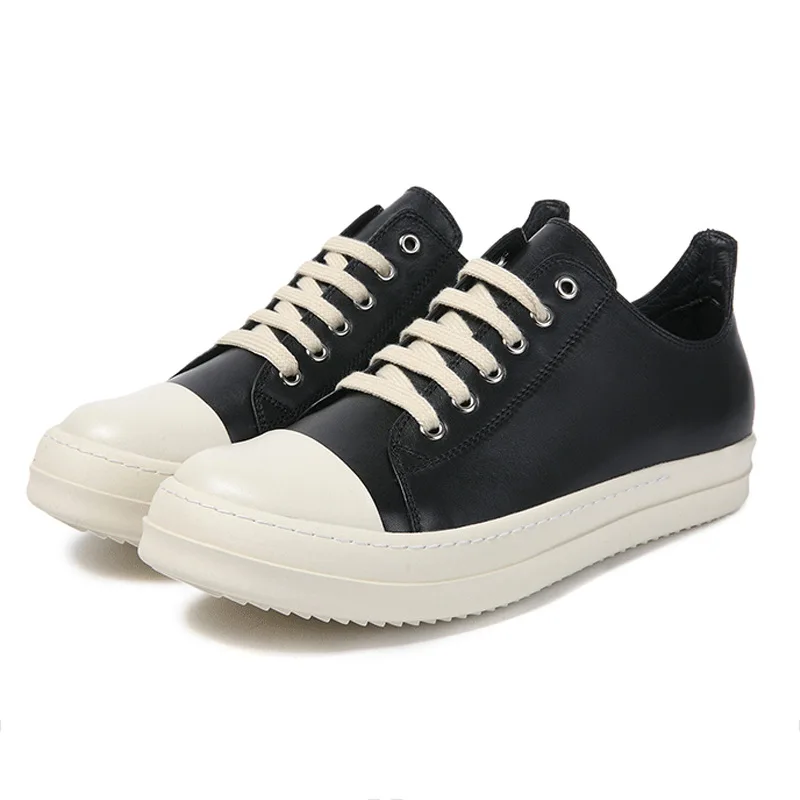 R-O Retro Classic Black Leather Low Top Shoes Men Women Casual Sneakers Lace-Up Cowhide Flat Comfortable Footwear