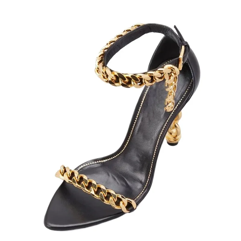New Custom Gold Metal Heels Sandals Women Dress Stiletto Party Ankle Buckle Office Lady Shoes Open Square Toe High Alien Heel view 5
