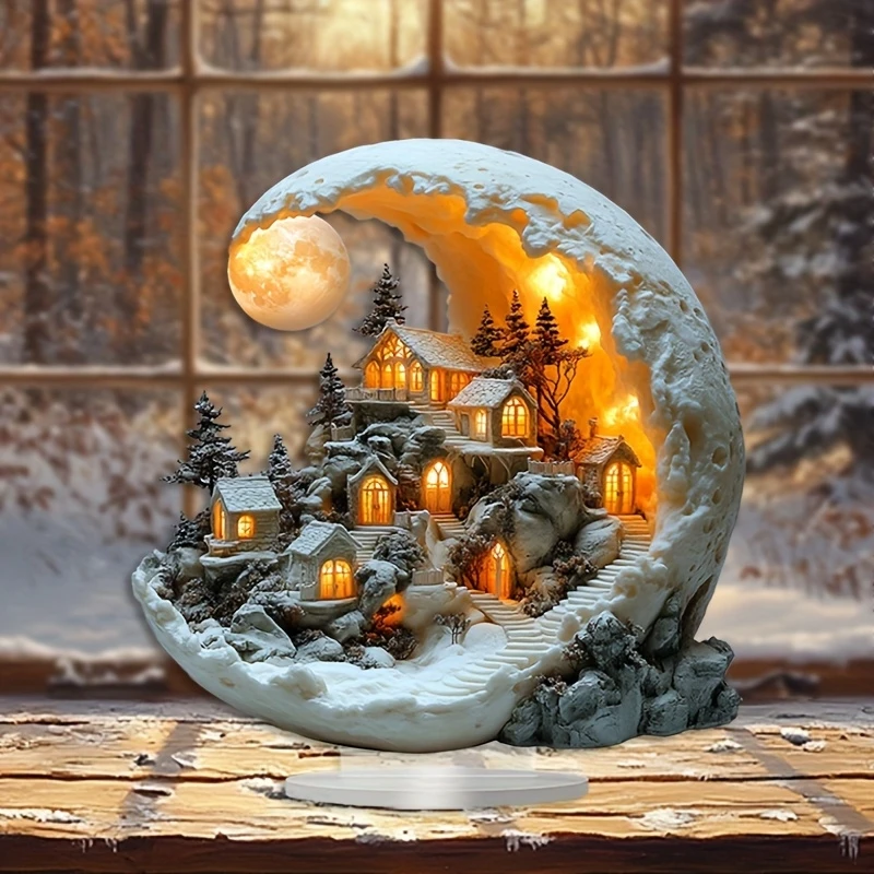 Christmas Moon House Decorations For Home Ornaments Bohemian Moon House Acrylic Display Stand Kids Xmas Gift New Year NavidDecor