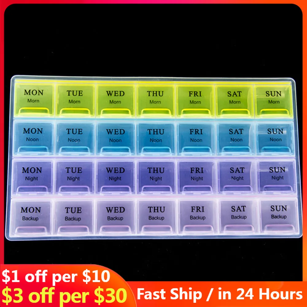 

1PCS 4 Row 28 Squares Weekly 7 Days Tablet Pill Box Holder Medicine Storage Organizer Container Case