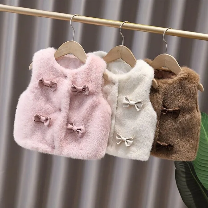 Girl's Sweet Bow Vest Autumn/Winter Children's Stylish Hairy Thick Vest Coat Waistcoat