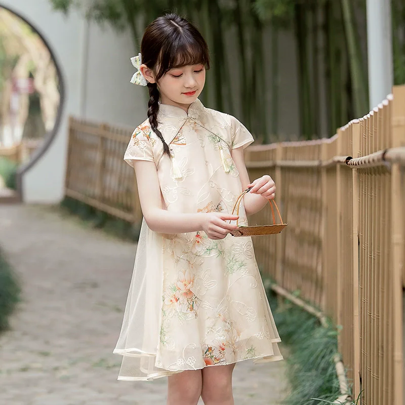 Tang Girls Casual Dresses Chinese Kids Clothes Perform Cheongsams Fashion Girl Hanfu Dress Summer Modern Qipao Baby Vestido