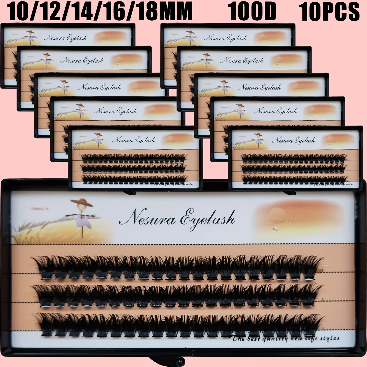 10 Boxen 100D Cluster-Wimpernverlängerung, natürlicher dicker Stil, einzelne Wimpern, handgefertigte Wimpernbündel, Nerzwimpern, 10–18 mm