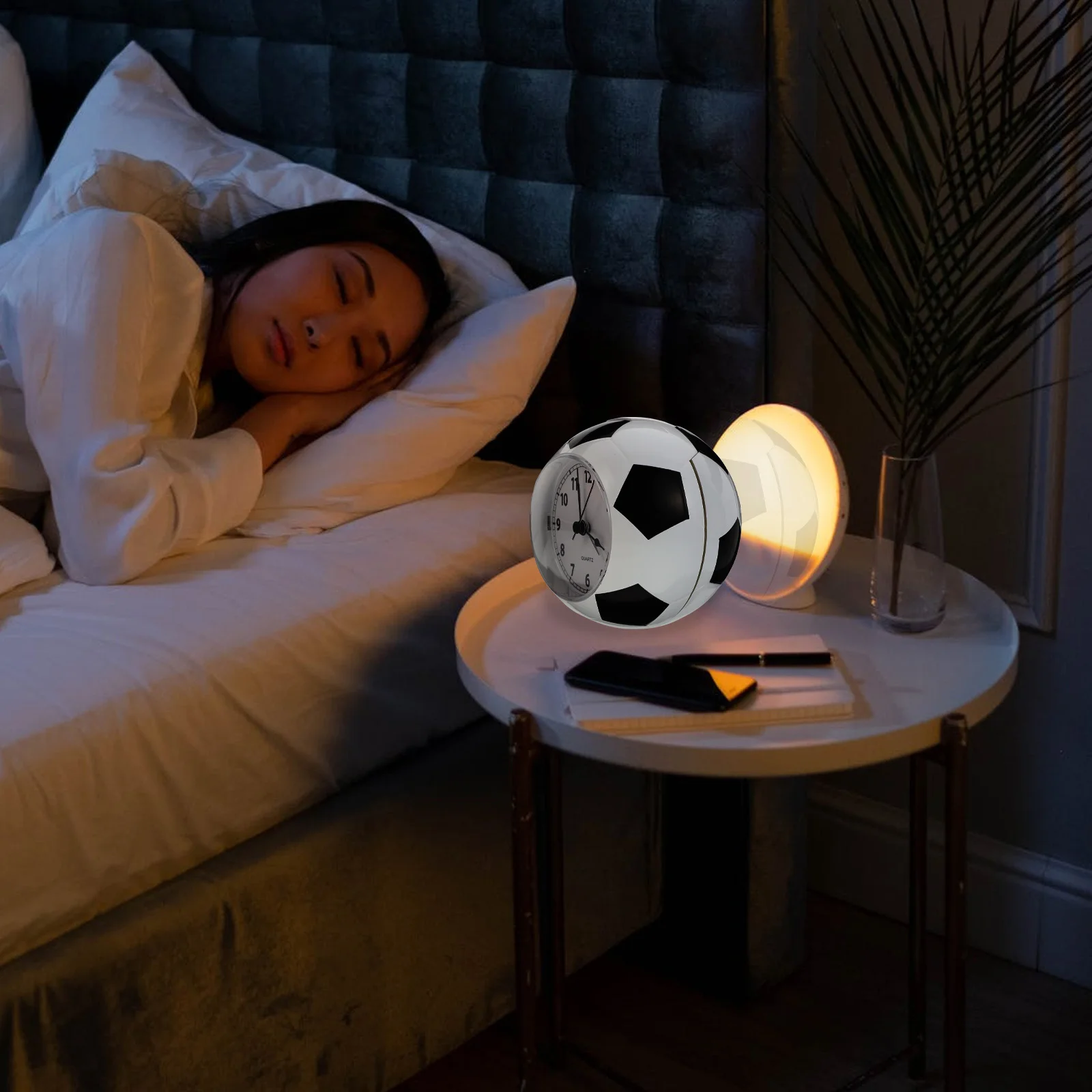 

1Pcs Football Shape Silent Alarm Clock Premium Plastic Mute Table Desk Ring Bell Clock Night Light for Home Gifts