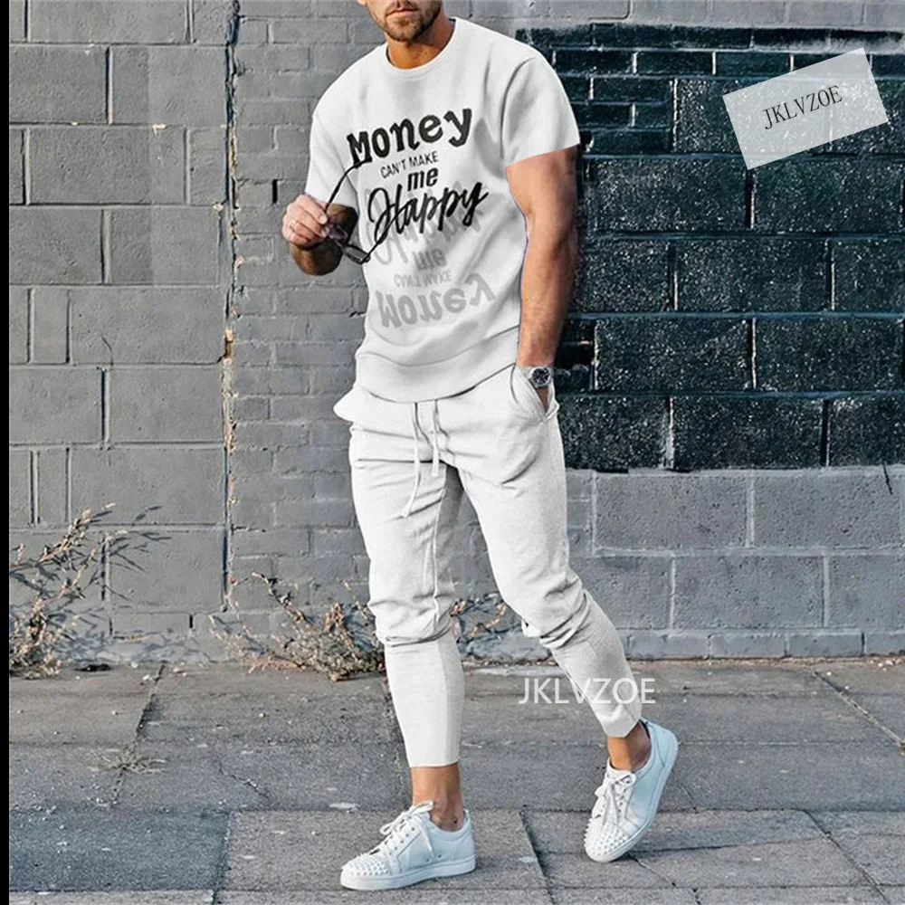 Men's Tracksuit Printed Sportswear Short Sleeved T-shirt Trousers Suit Casual Breathable Joogers 2 Piece Sport Tshirts Pant Sets