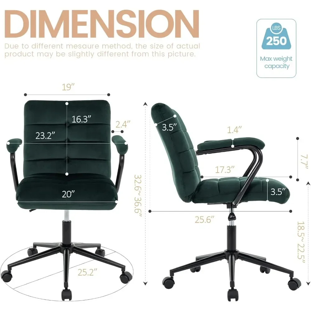 Velvet Home Office Desk Chair, Upholstered Adjustable Swivel Task Chair with Wheels, Tufted Mid-Back Computer Chair with Arms