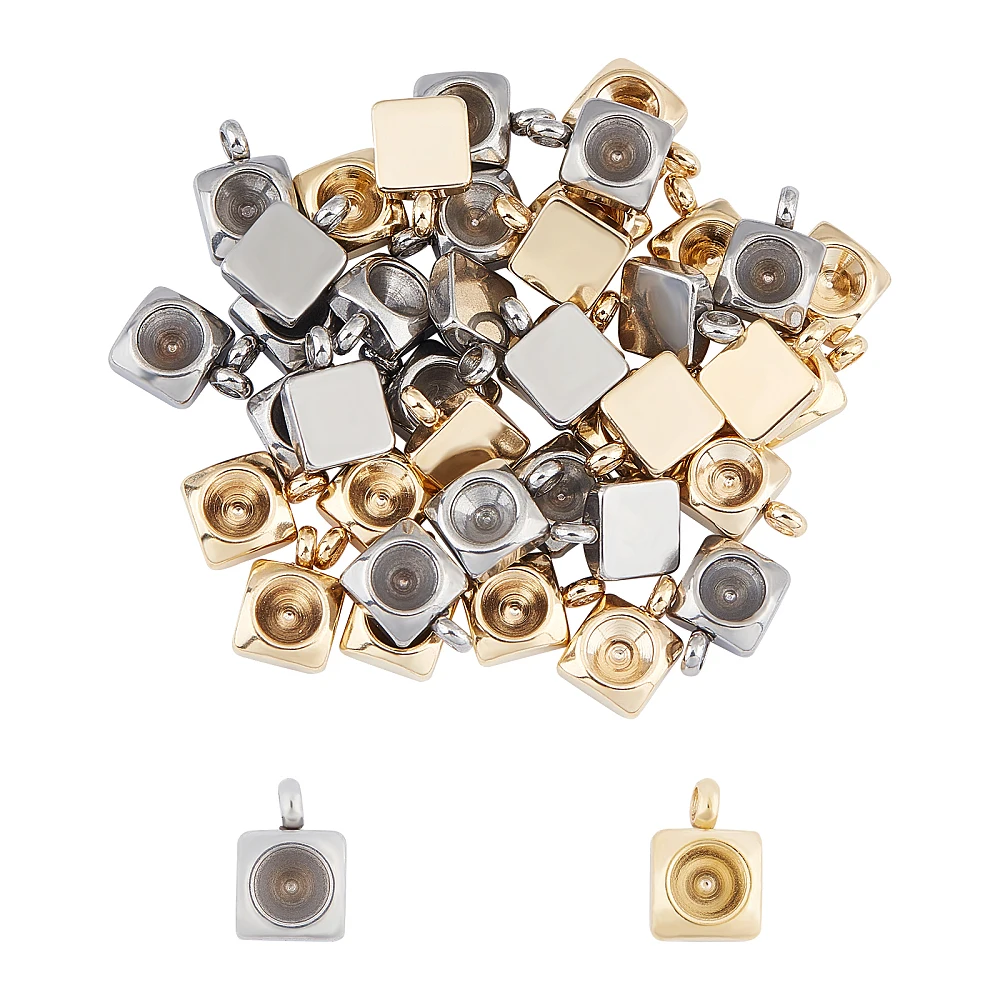 40pcs 2 Colors Square Pendant Rhinestone Settings Stainless Steel Charms Fit for 4mm Rhinestone Metal Charm for Pointed Back