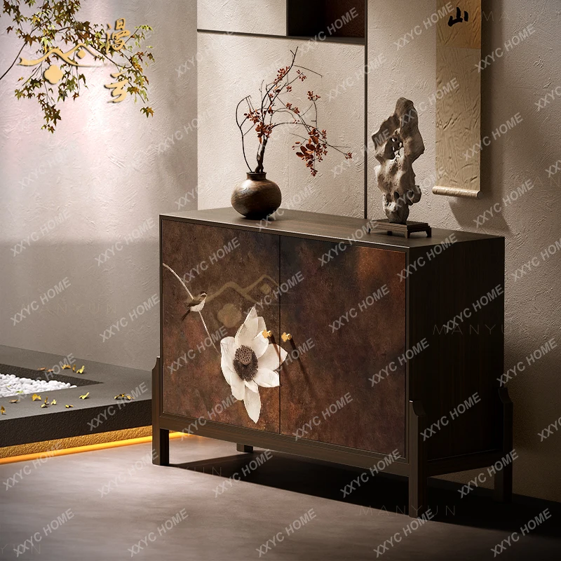 

Y Комод из цельного дерева ваби-саби с цветочным рисунком и птицей, высокий шкаф для хранения прихожей