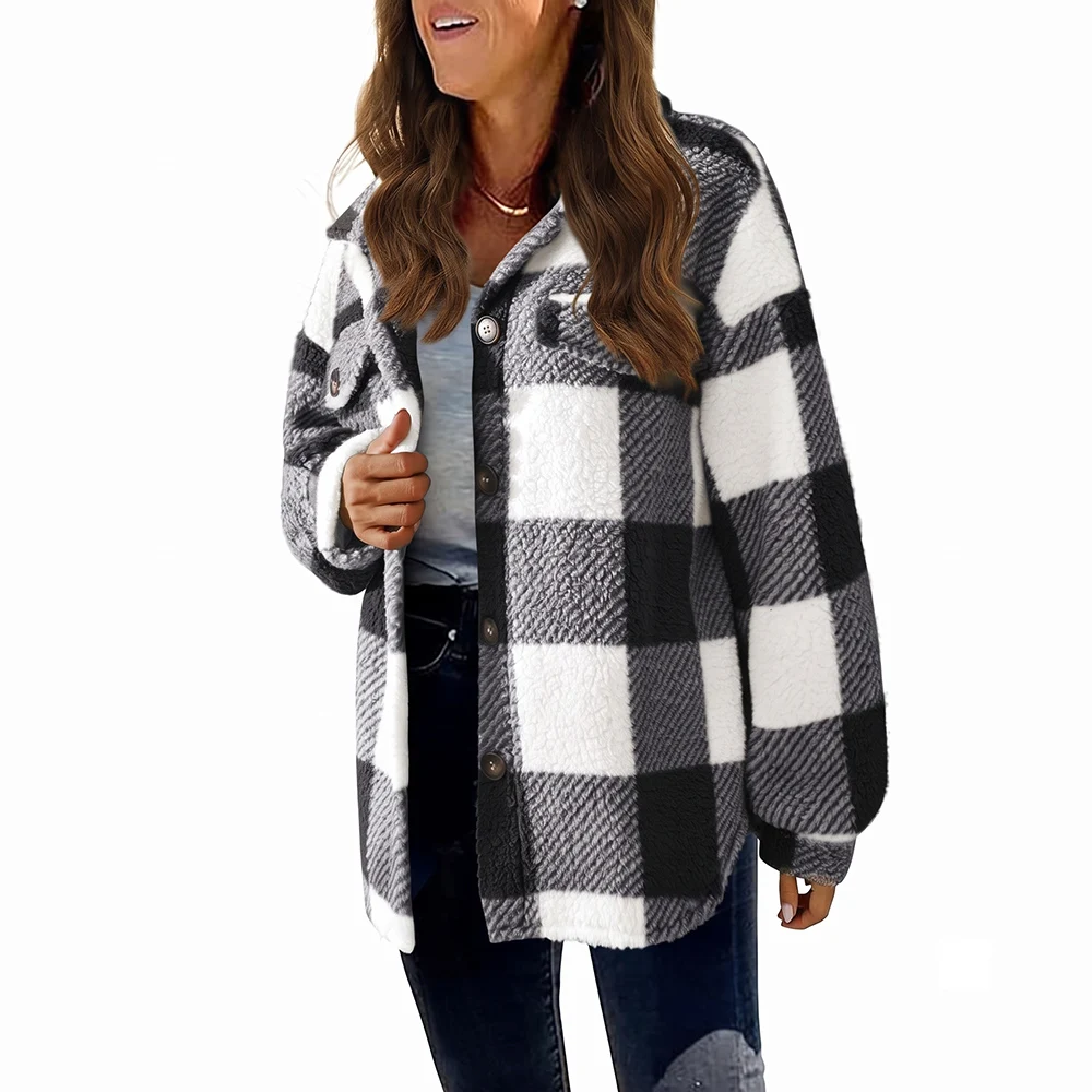 Women Plaid Fleece Shacket Button Down Lapel Long Sleeve Loose Casual Jacket With Pockets Fall Winter Warm Outerwear
