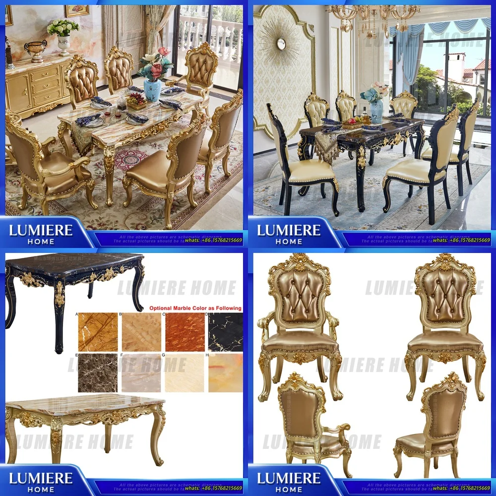

Marble Top Dining Table Wooden Carving Design Rectangle Coffee Table for 6 People French Style Living Room Furniture Set with