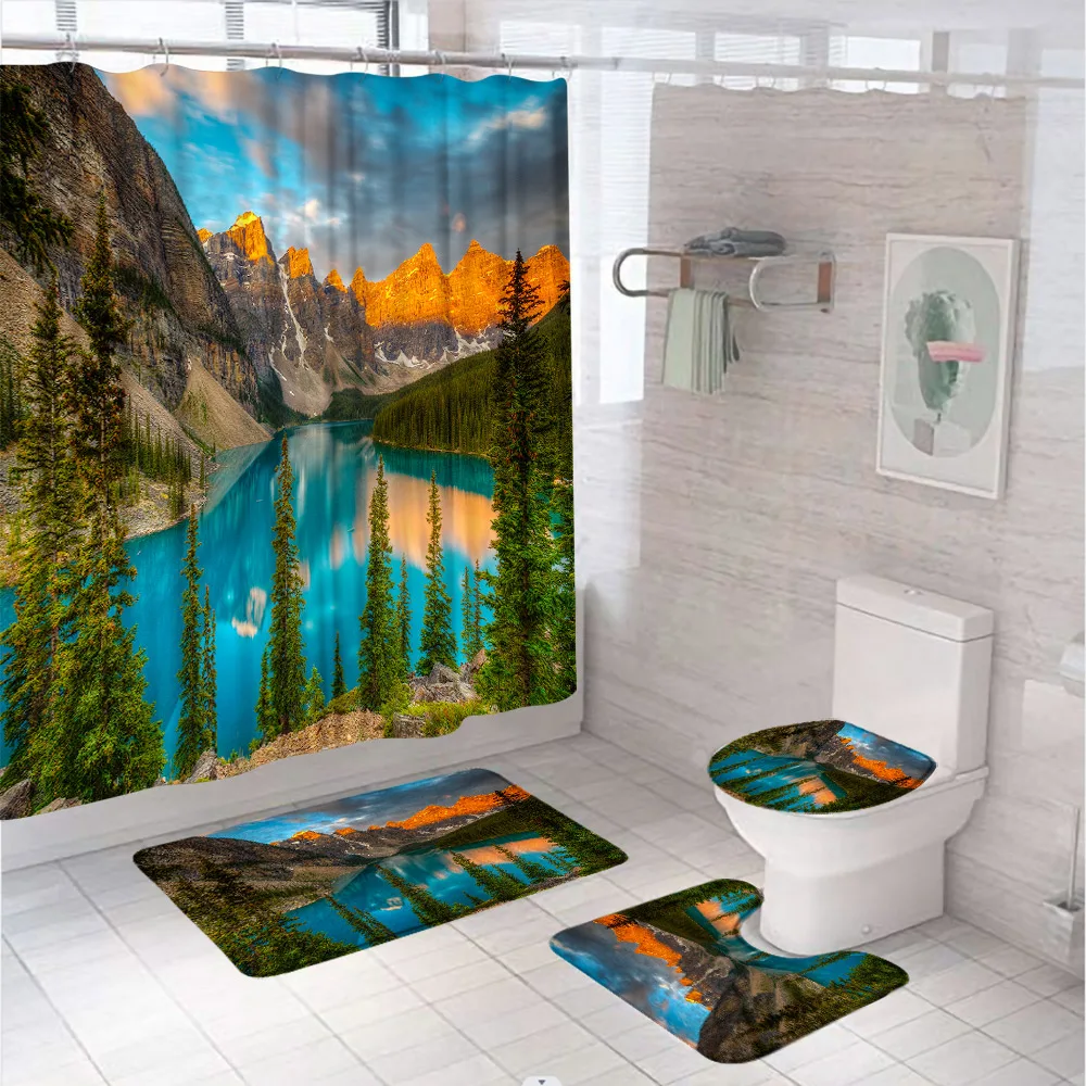 4Pcs Mountain Shower Curtain Set Nature Landscape Lake Scenic Tree Cloth Bathroom Curtains Bath Mats Non Slip Rug Toilet Cover