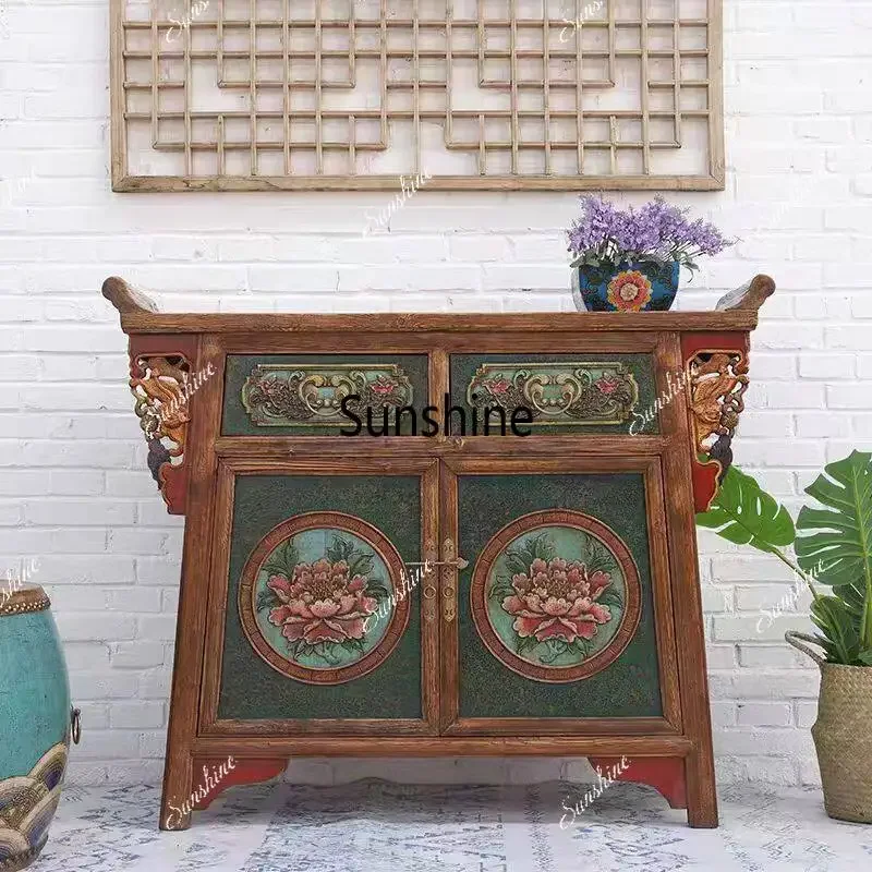 Neoclassical solid wood shoe cabinet painted warped head carved table