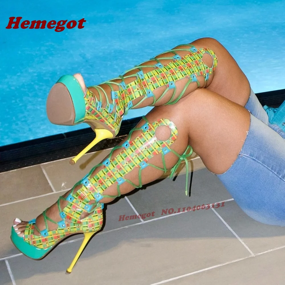 Colorful Hollow Out Sandals Platform Patchwork Stiletto Heels Sandals for Women Summer Lace-Up Runway Party Shoes 2025 New
