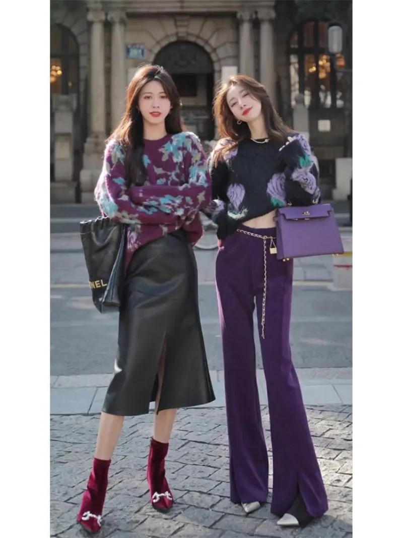 Sweater Winter High Grade Temperament Knitwear Pullover Women Small Fragrant Purple Sweater O Neck Long Sleeve Sweater Female