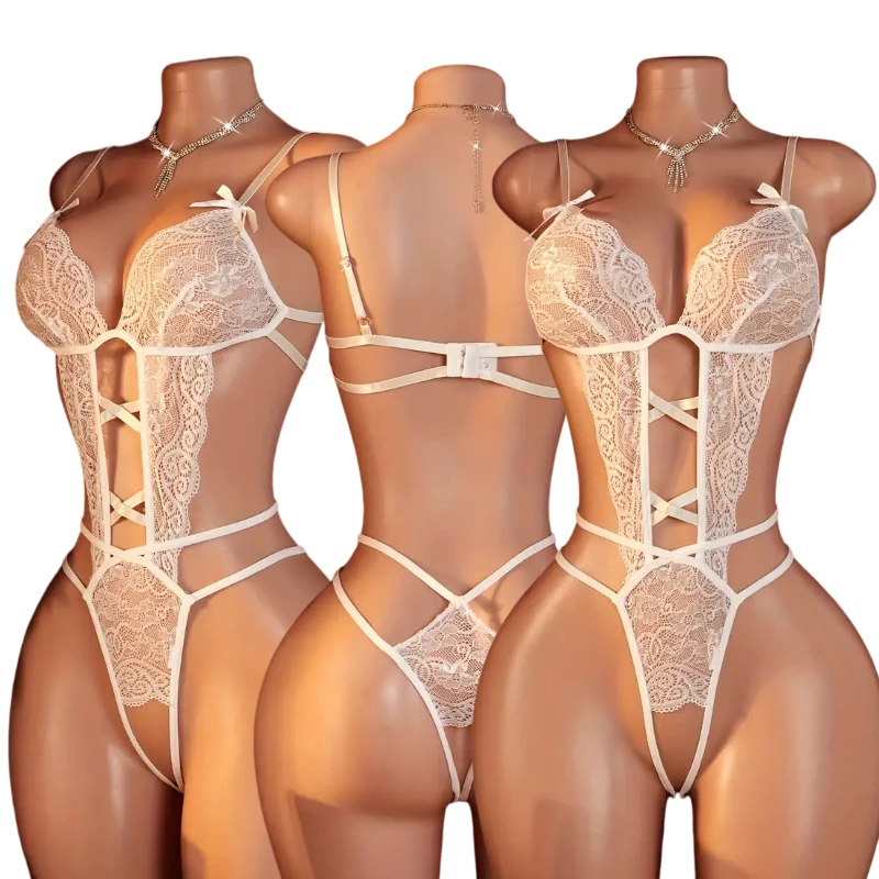 Sex Women's Open Deep V Lingerie Sets Sexy Lace Sheer Bodysuits Sex Crotchless Hollowed Out Doll Dresses Tights Pajamas Clothing