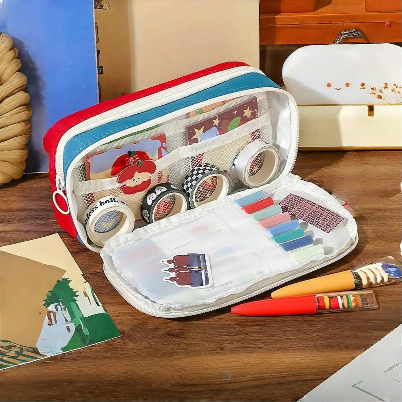 مقلمة مدرسية مقلمة جمالية عتيقة بسحّاب منظم سعة كبيرة لرسم قلم مكياج تلوين قرطاسية