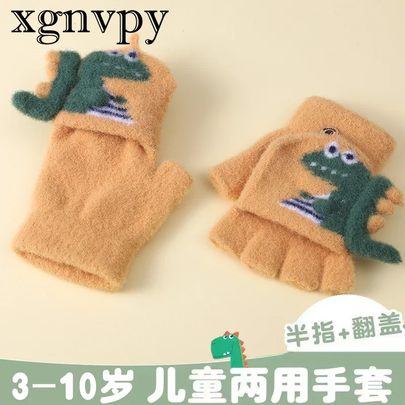 xgnvpy Kids Gloves Dinosaur Pattern Warm Half Finger Knitted Boys Girls 3 8 Years Old Winter Wear Baby Accessories