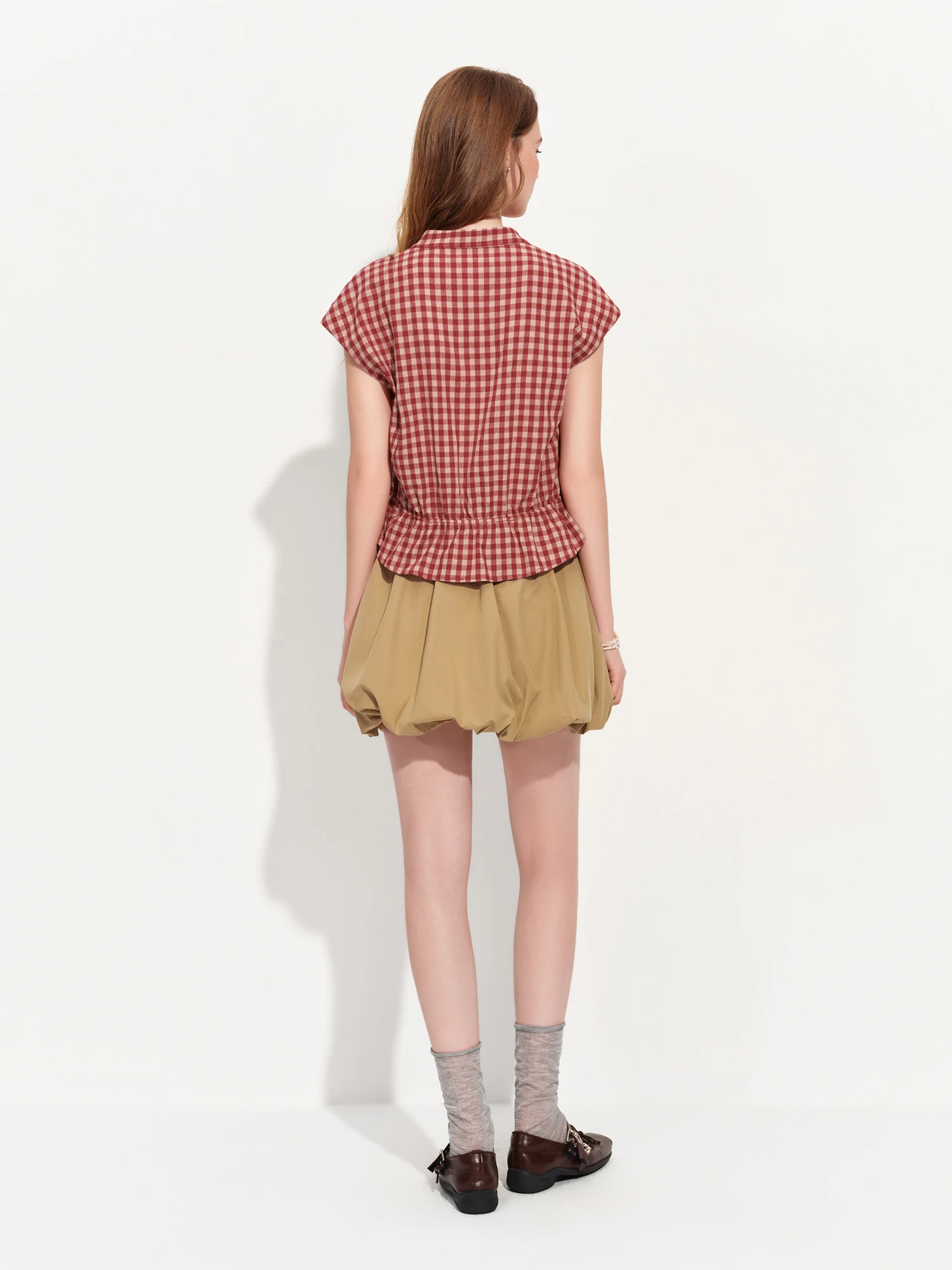 FSLE 2026 Summer Women's Linen V-Neck Cap Sleeve Blouse with Plaid Print and Waist-Defining Fit - Casual Style for Daily Wear