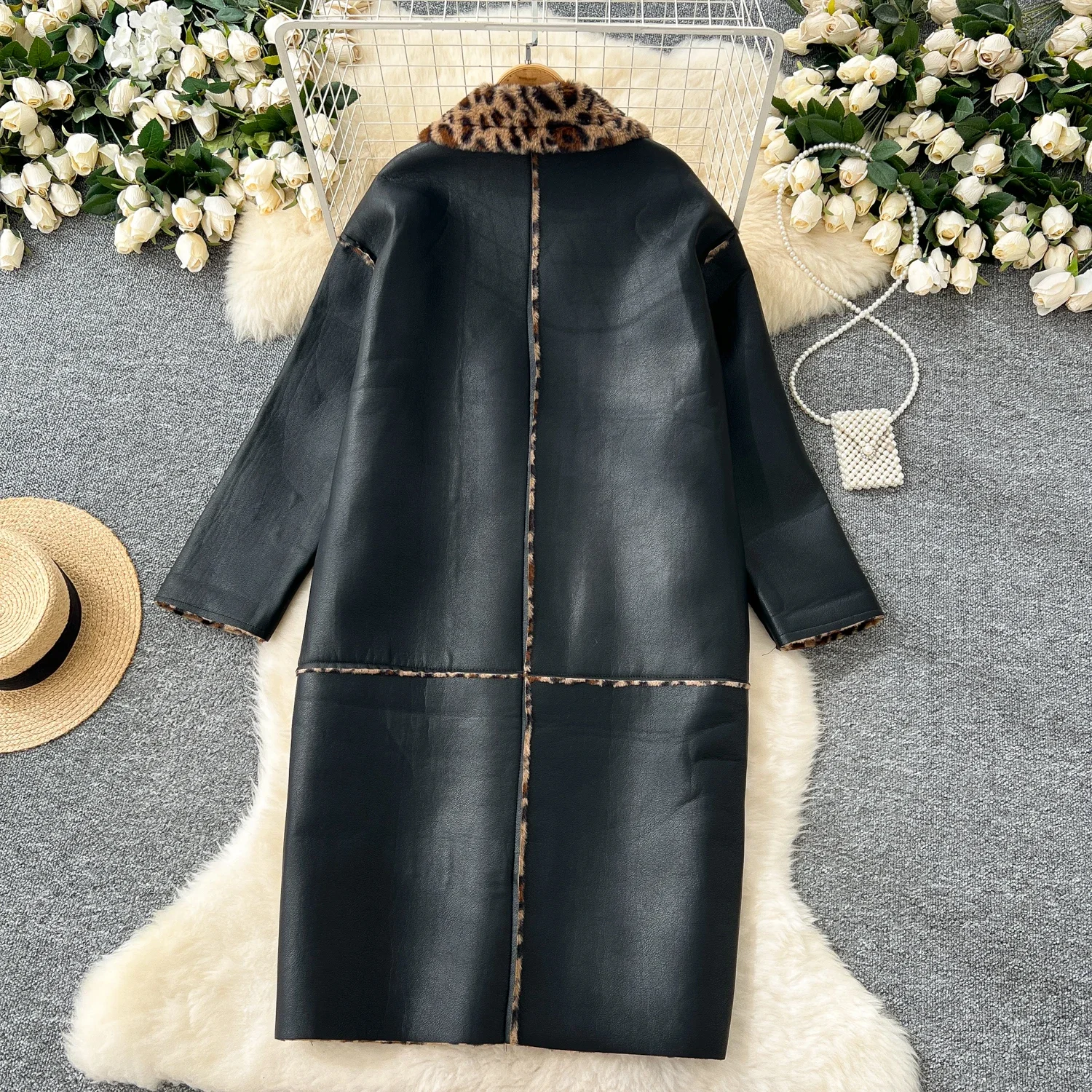 Vintage Turn-down Collar Elegant Long Sleeve Chic Leopard Button Basics Pockets Coat Fashion Office Lady Women Winter Clothing