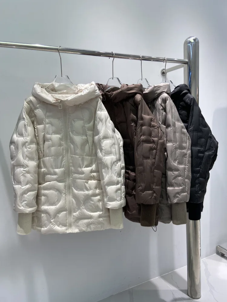 

Winter Hooded Solid Mid Length Down Jacket Women White Duck Down Big Pocket Loose Down Jacket Female Warm Zipper Parker Outwears