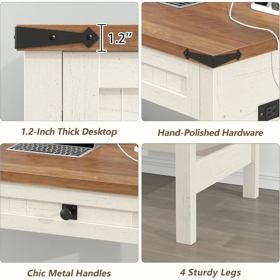 Farmhouse Computer Desk with 2 Drawers 39 Inch Small Office Computer Desk with Power Outlets Compact Writing Study Desk for Sma