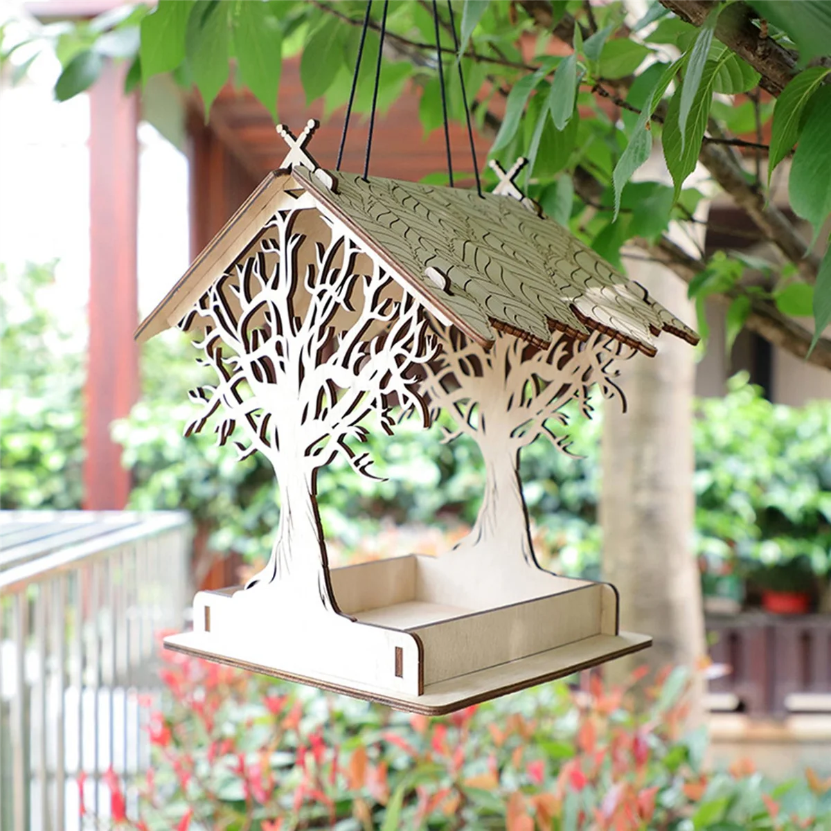 Wooden Bird Feeder Hanging Drinker for Garden Yard Garden Decor Roof Outside Bird Feeders-A