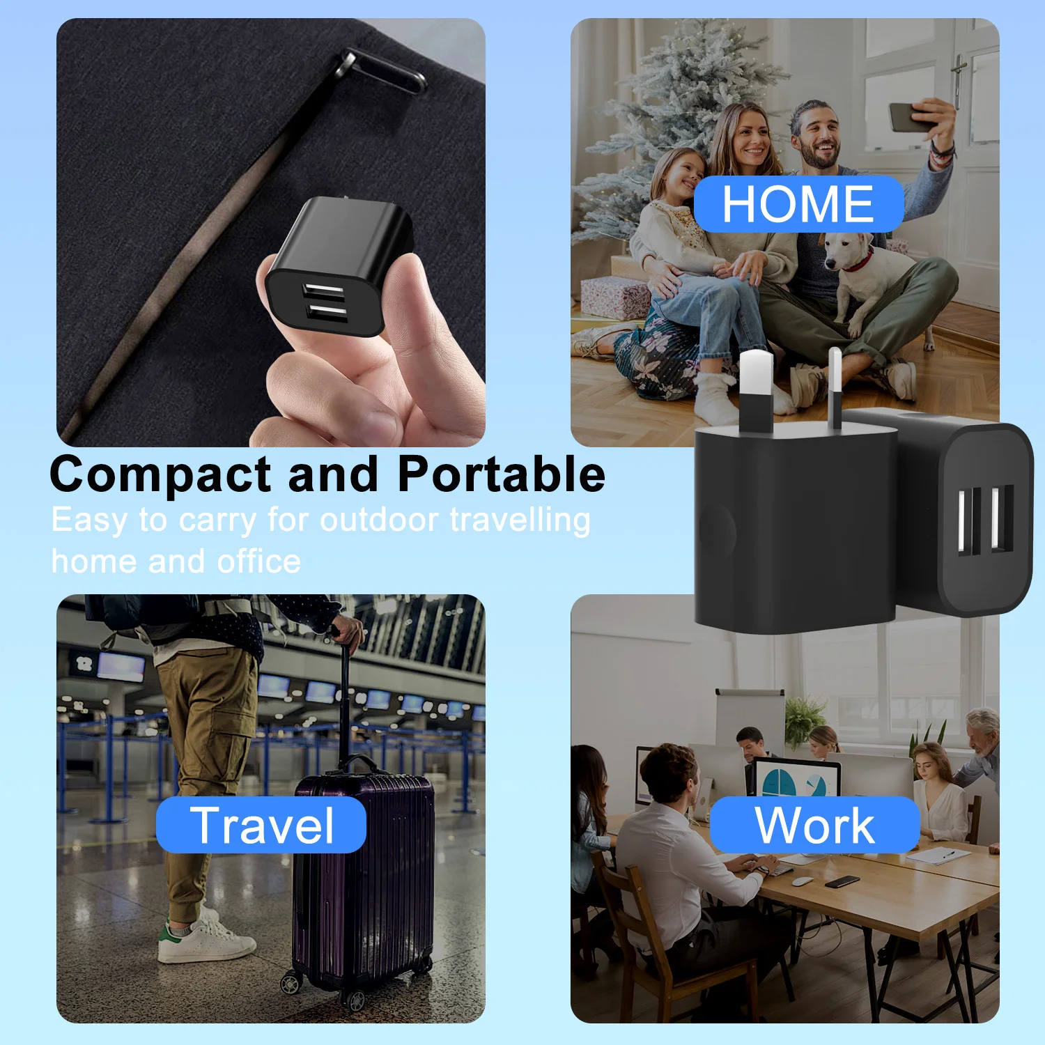 USB Power Adapter Plug, Dual USB Wall Charger, Double USB Wall Plug Adapter, 2-Port USB AU Plug 5V/ 2.1A Charger