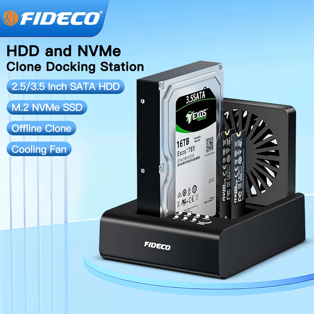 

FIDECO 2/3 Bay Hard Drive Docking Station for M.2 NVMe SSD and 2.5"/3.5" SATA HDD with Bidirectional Offline Clone with Fan