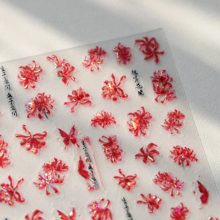Czerwony pająk lilia motyl kwitnące kwiaty 5D naklejki do paznokci chińskie znaki feniks jaskółka samoprzylepne naklejki do Manicure