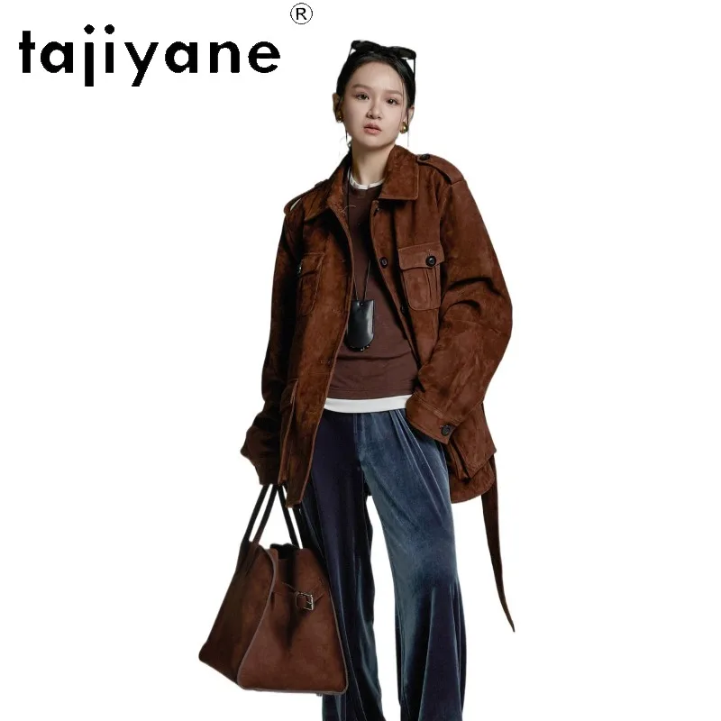 TAJIYANE Top Layer Crossbreed Lambskin Real Leather Jacket Woman Vintage Leather Coat Mid Length Jackets for Woman Stylish 자켓