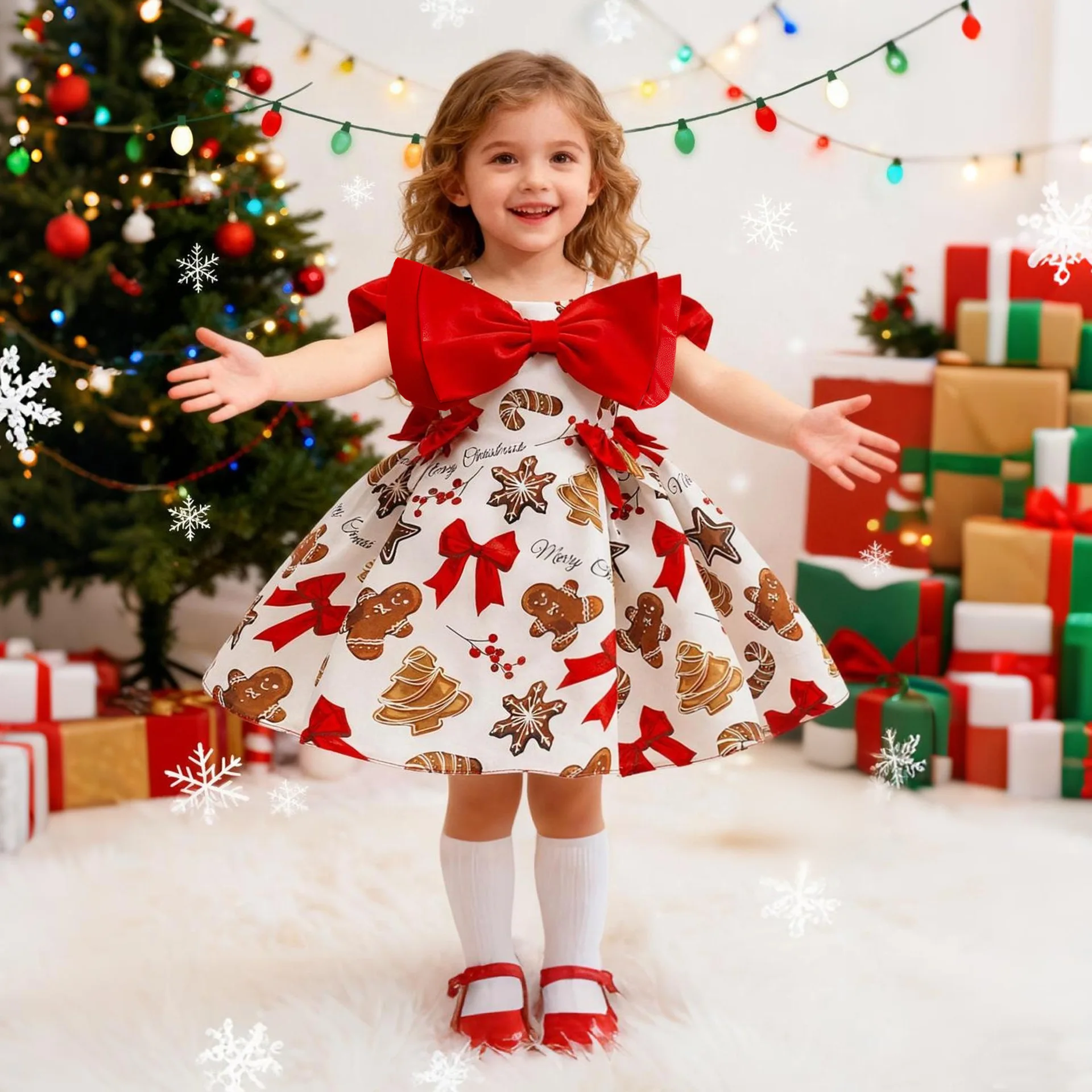 Christmas Dress For Girls Princess Dress Cute Gingerbread Printed Elegant Big Bow Christmas Dress Girl Birthday Gown New Gift