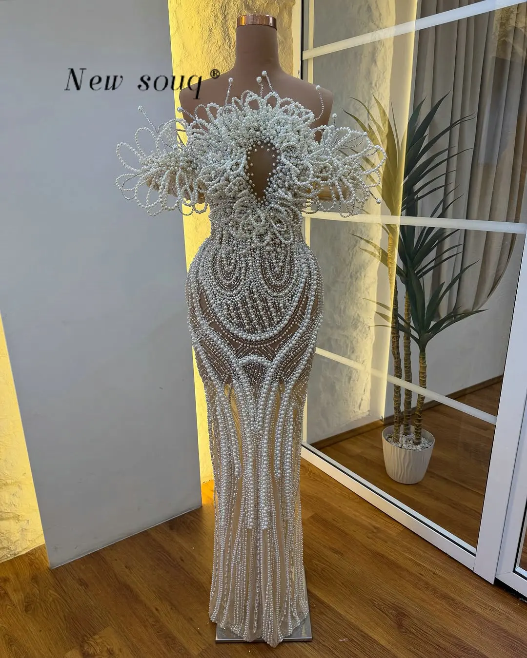 Luxe 3D Parels Kralen Ontwerp Off Schouder Illusie Avondjurken Aangepaste Dubai Arabische Bruiloft Evenementen Etentje Jurken