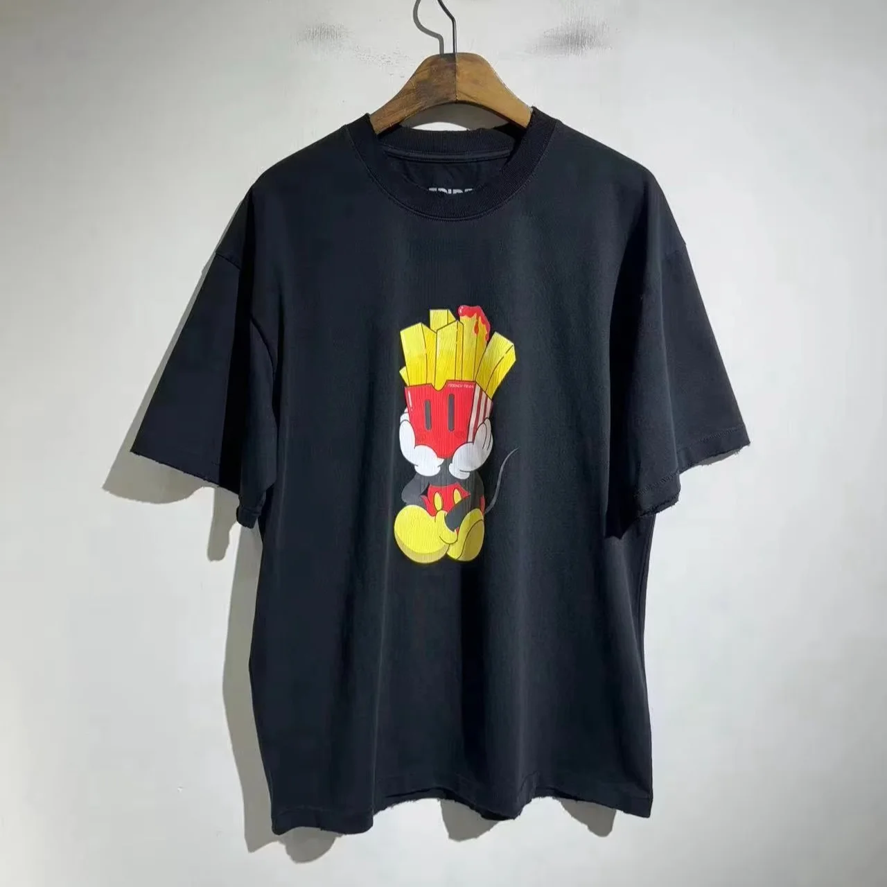 Vintage Washed Destroyed Edge T Shirt Men Women Cartoon French Fries Print Oversized Tee Hip Hop Streetwear Short Sleeve Top