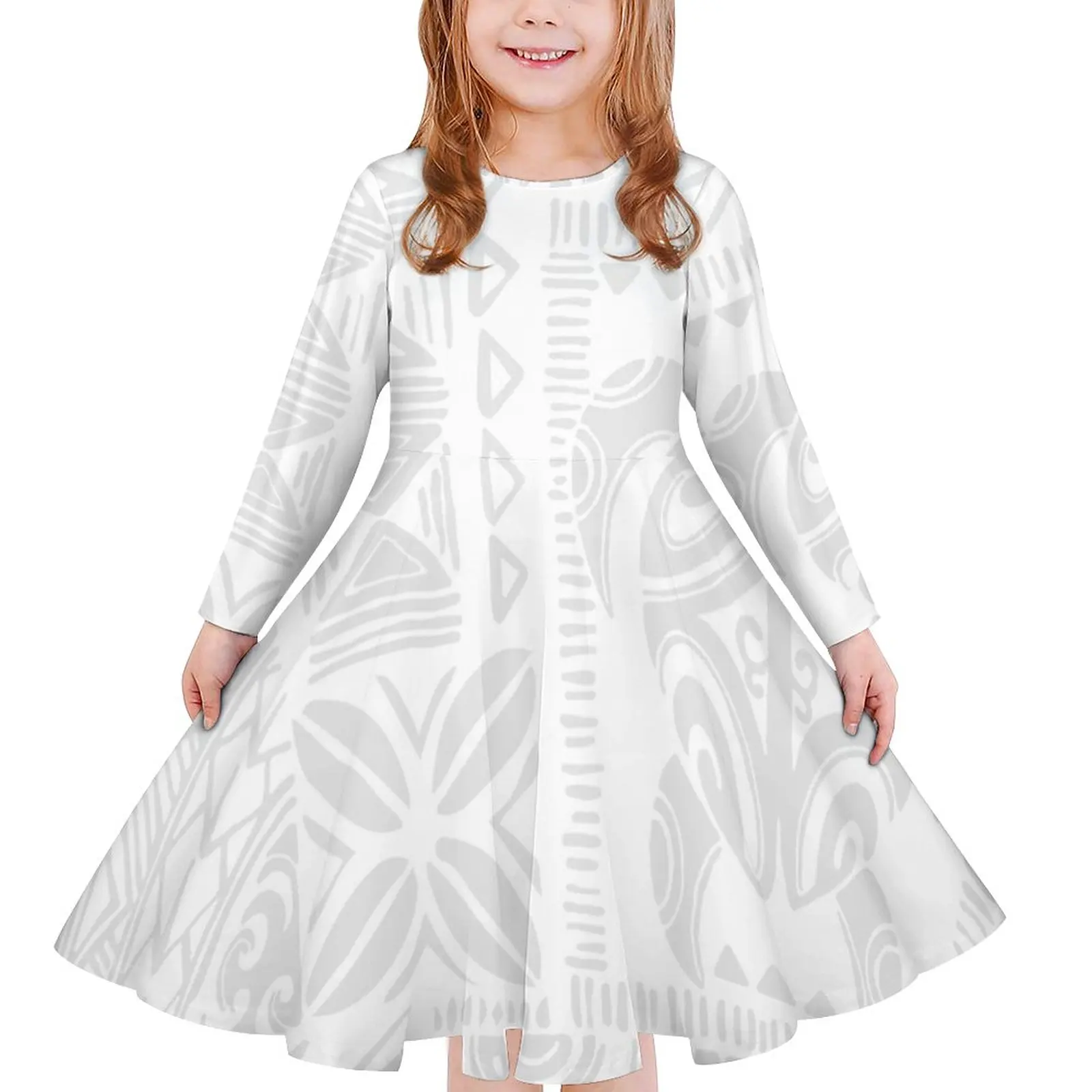 Meninas mangas compridas casual vestido branco chegadas criança outfit polinésia tribal impressão menina vestido solto para domingo branco