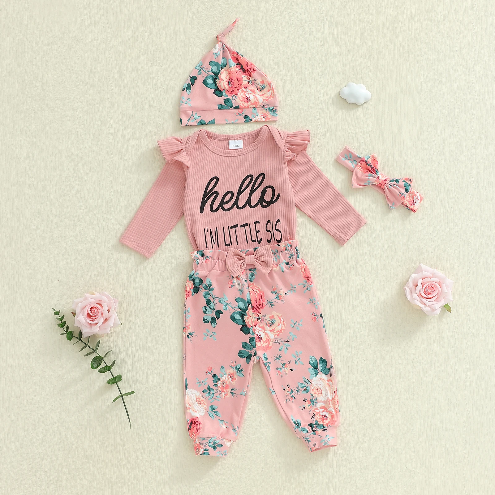 

Tregren Infant Baby Girls Outfits Ruffle Long Sleeve Crew Neck Letters Print Romper Elastic Waist Pants Hat and Headband Set