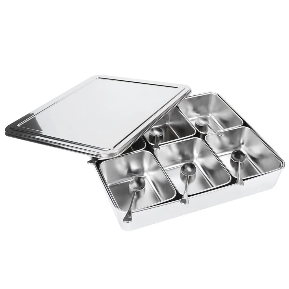 6 Grid Compartments Masala Dabba Spice Container Stainless Steel With Lid And Holder Tray Spice Jar Organizer Set With Spoons