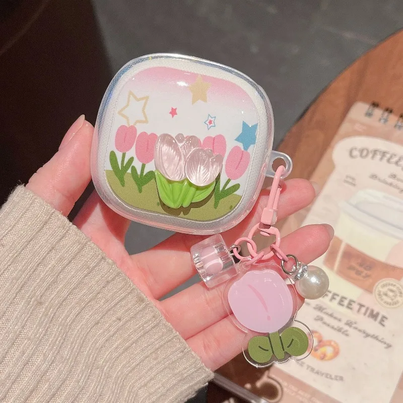 

For Redmi Buds 6 Play Pro Lite Active Buds5 7S SE Case 3D Tulip Bowknot Earphone Soft Cover Headphones Box Fundas with Keychain