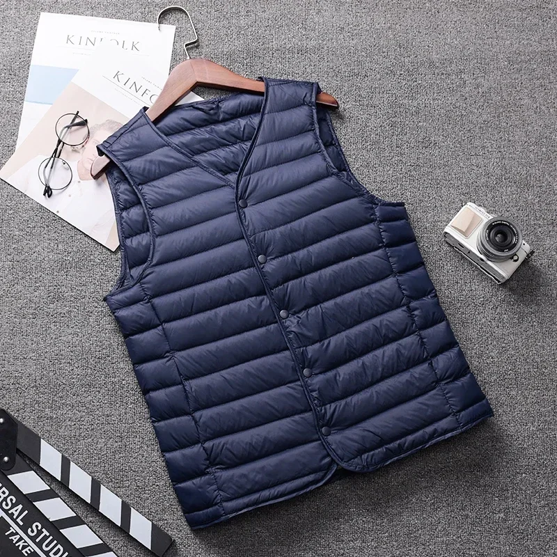 

Мужской легкий пуховый жилет на весну-осень, белый, с V-образным вырезом, без рукавов, подкладка из утиного пуха