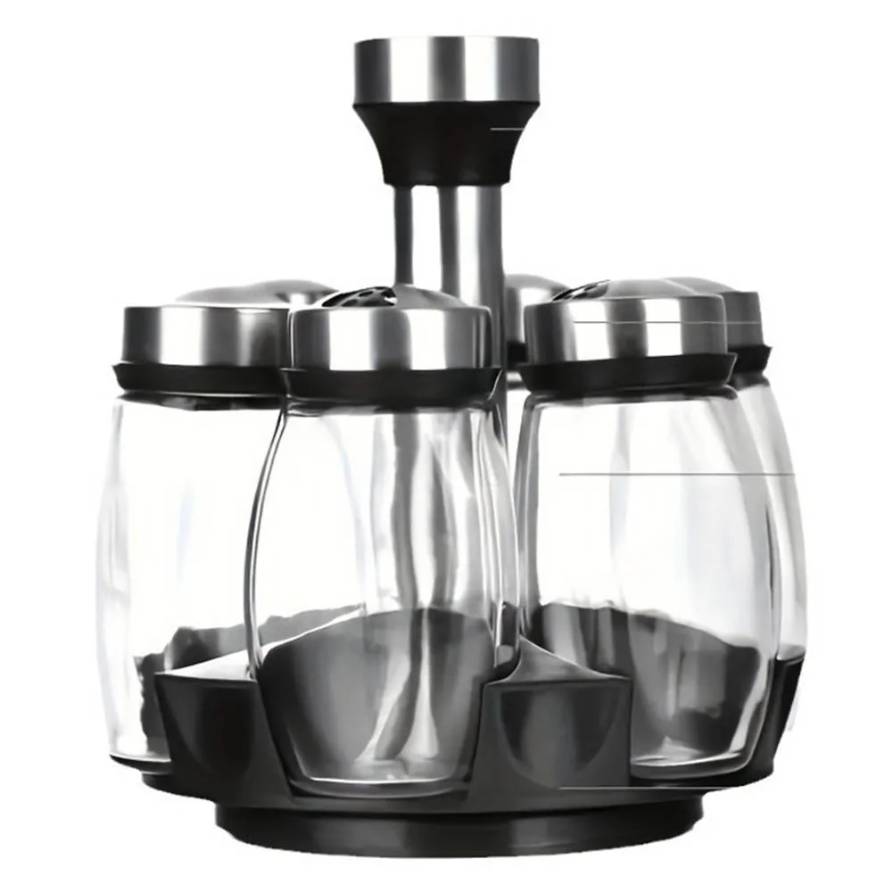 

Glass Jars Set Rotating Spice Rack Kitchen Counter 360 Rotating Design Six Glass Containers Three Shaker Types
