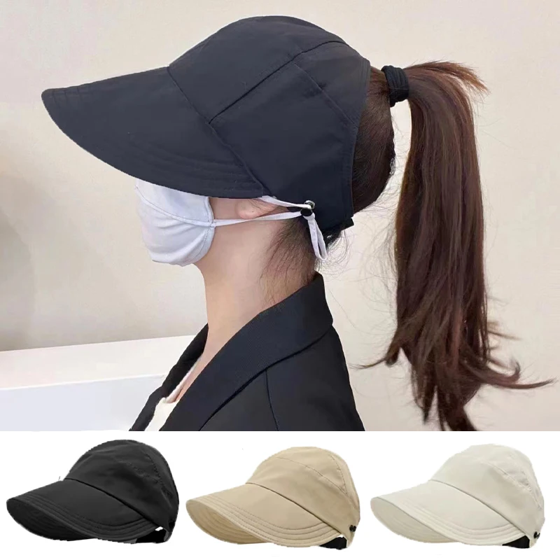 

Half Empty Top Sun Visors for Women Long Brim UV Protection Sunshade Bucket Hat Korean Visor Cap Outdoor Sport High Ponytail Hat