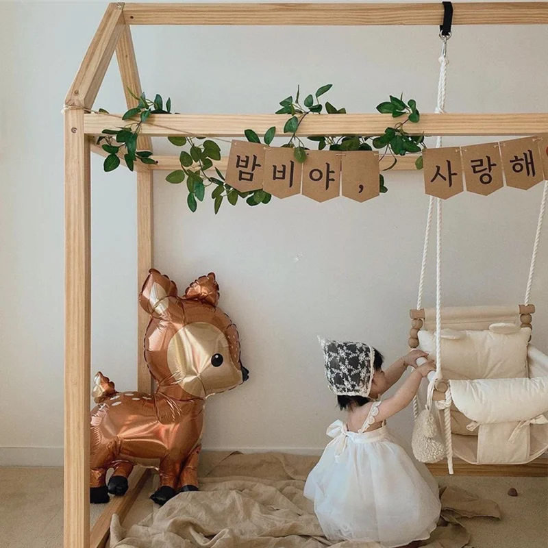 INS Korean Style Baby Cotton and Linen Swing Chair Hanging Wood Children Kindergarten Toy Outside Toy Rocker For Kids