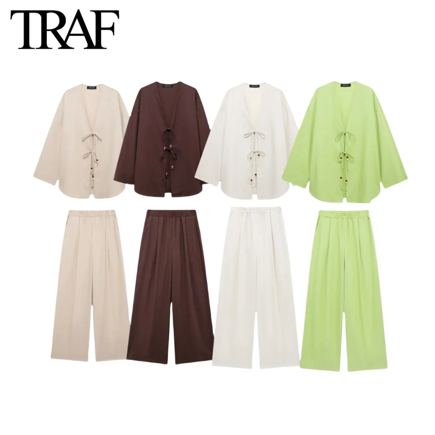 TRAF Women Fashion New Linen Blend V-neck Lace Up Long-sleeved Kimono Style Coat Chic Ladies Top High Waist Pants Two-piece Set