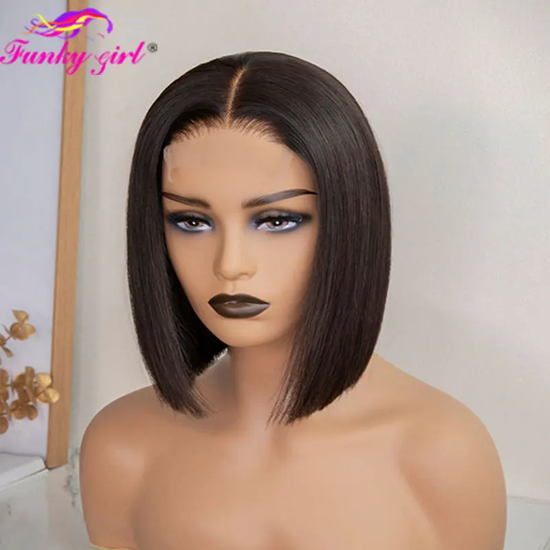 Perruque Bob Lace Brésilienne Naturelle Remy, Cheveux Courts Lisses, Partie T, 180%, pour Femme