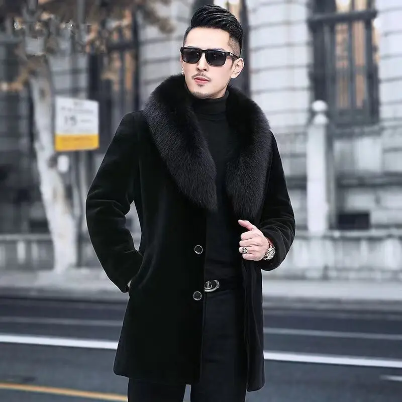 

Men 2023 Winter Fashion Real Fox Fur Collar Jackets Male Long Sheep Shearing Coats Men Genuine Wool Fur Warm Overcoats I545