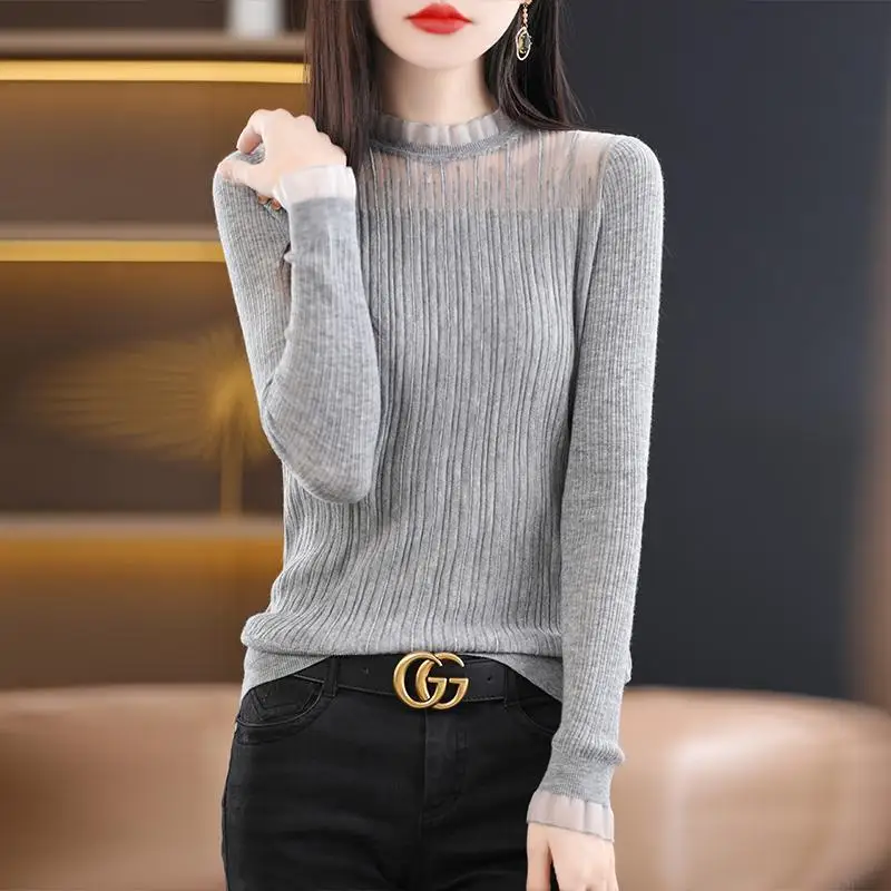 2023 Women Korean Fashion Sexy Mesh Patchwork Knitwears Female Ruffle Solid Long Sleeve Slim Basic Pullover Tops Elegant Jumpers